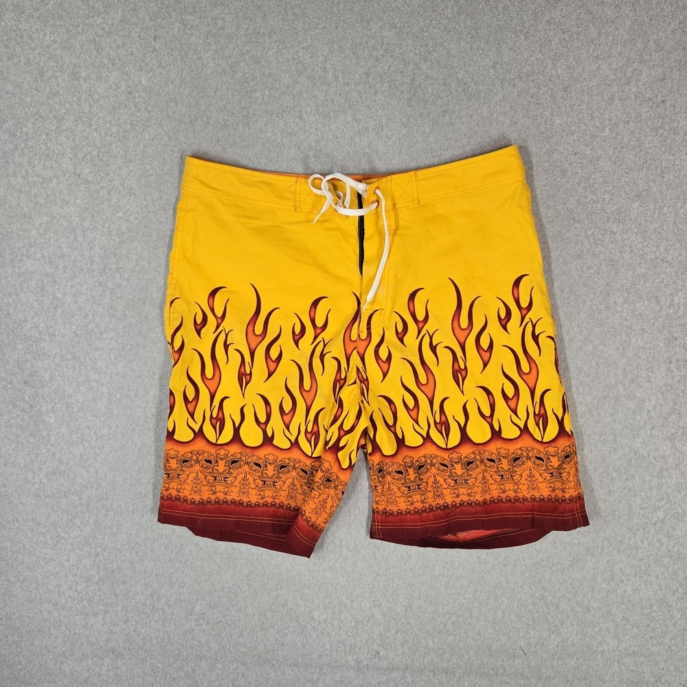Utility Men Swimwear 38 Yellow Y2K Flame Graphic Print Board Shorts 10" Inseam